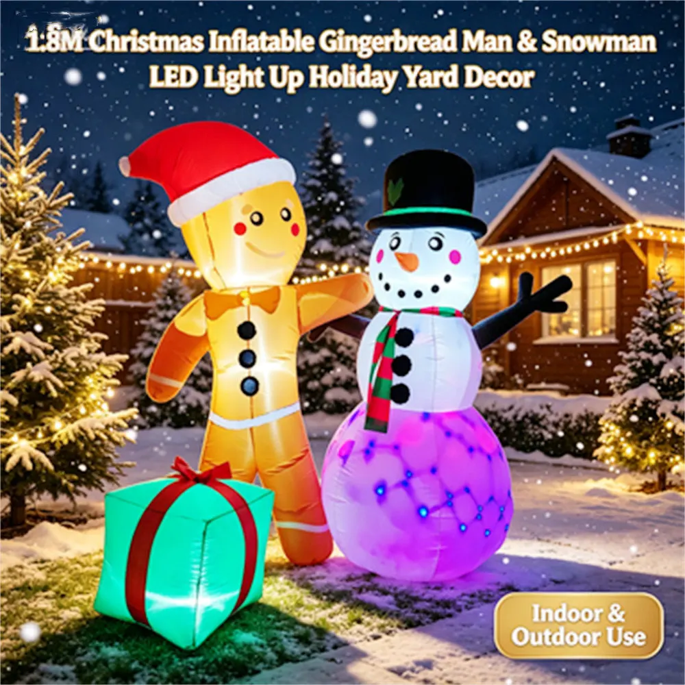 5.9FT/1.8M Christmas Inflatable Gingerbread Man Snowman with Gift Box LED Light Up Airblown Decor for Home Yard Lawn Garden Xmas