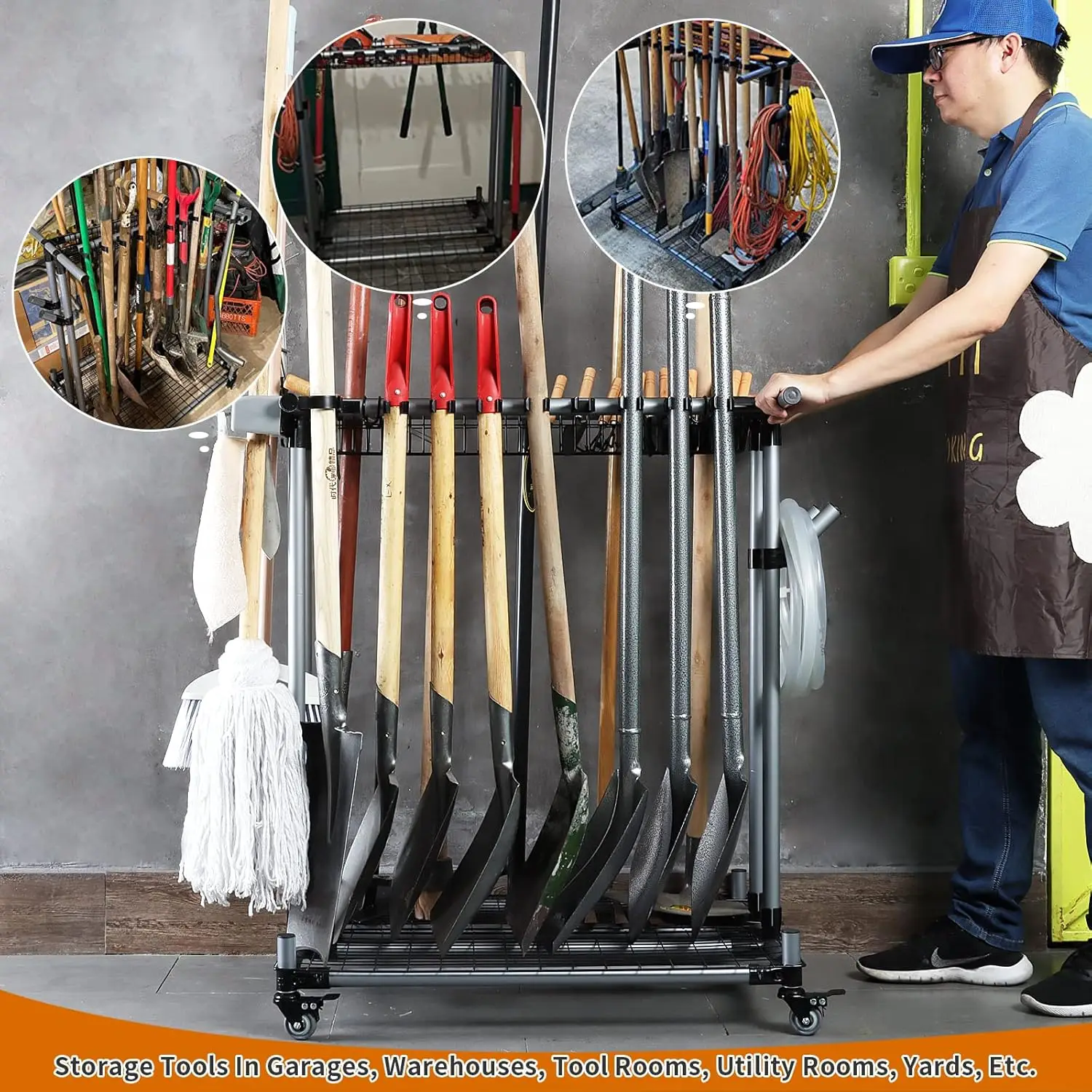 Heavy duty garden tool organizer garage storage holder storage large long farming tools lawn tool metal rack shovel organizer