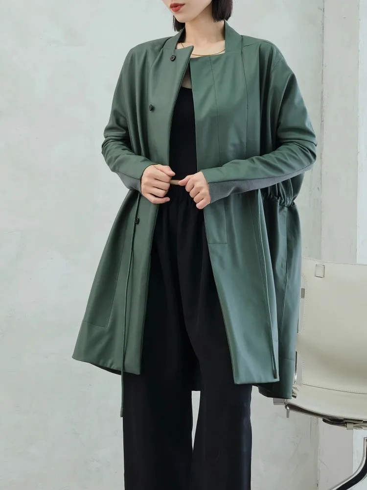 Women Black Genuine Leather Luxury Lambskin Loose Mid Long Coats Drawstring Splice Knitted Sleeve Design Windbreaker Outwear