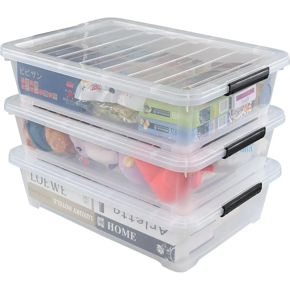 40 Quart Large lat Clear Plastic Underbed Storage Bin, 3 Packs | Stackable Under Bed Organization Boxes with Lids and Wheels