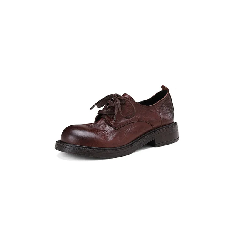 NEW Spring Autumn Cow Leather Women Shoes Fashion Loafers Round Toe Chunky Shoes for Women Lace Women Pumps Black Zapatos Mujer