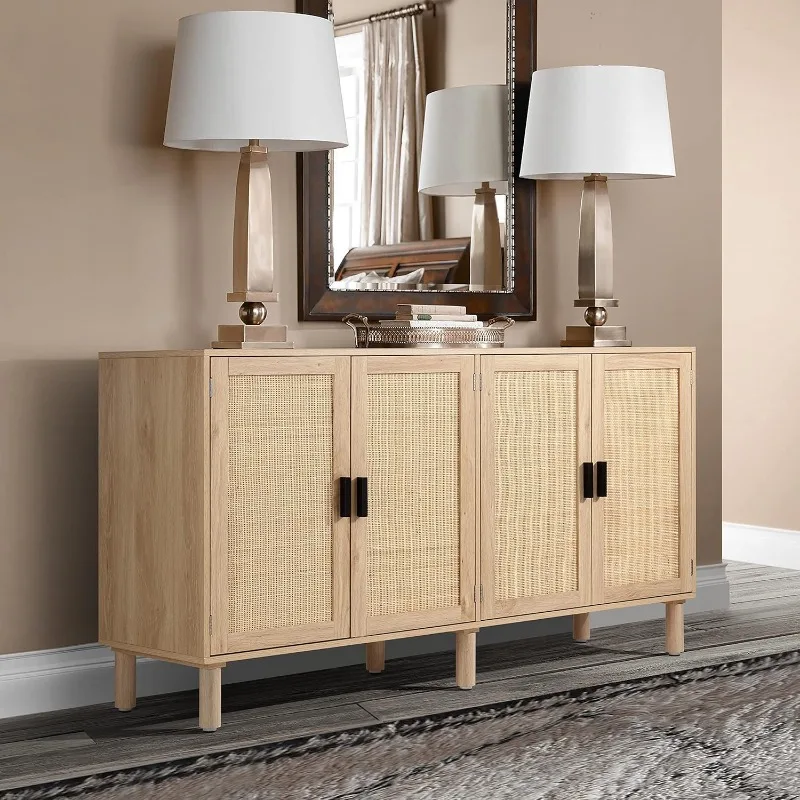 Door Sideboard Buffet Cabinet, Kitchen Storage Cabinet with Rattan Decorated Doors, Cupboard Console Table