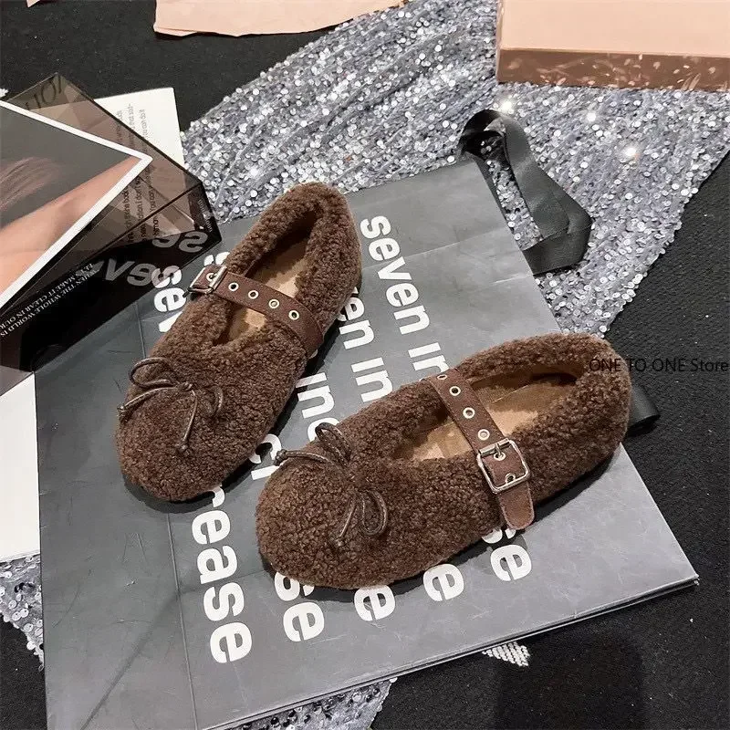 Woman Loafers Round Toe Cosy Lamb Wool Ballet Flats Fashion Bowknot Warm Fur Mary Jane Shoes Ladies Designer Buckle Fluffy Plush