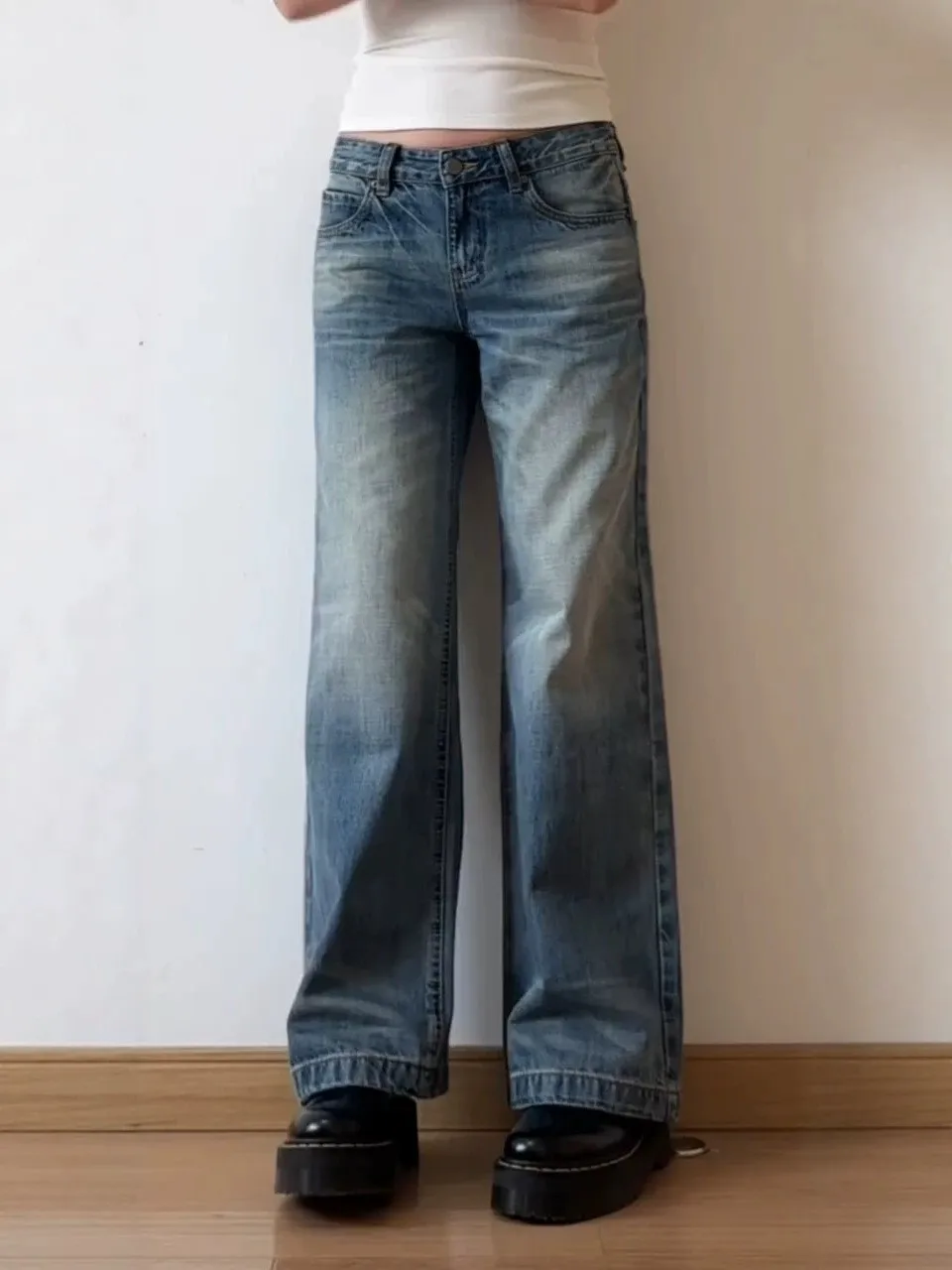 Low Waist Loose Fit Blue Denim Jeans American Retro Style Women's Casual Straight Leg Pants Autumn Wear Comfortable Durable