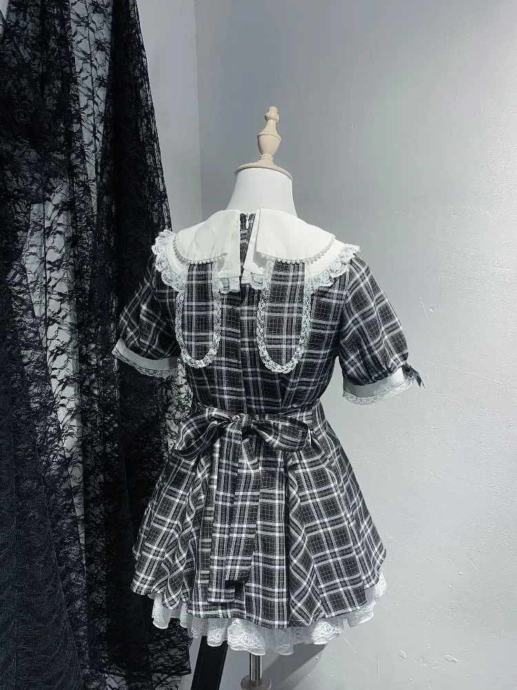 Japanese Mine Style Mass-Produced Lace Splicing Doll Collar High Waist Lace-up Plaid Dress High Waist Shorts Two-Piece Set Women