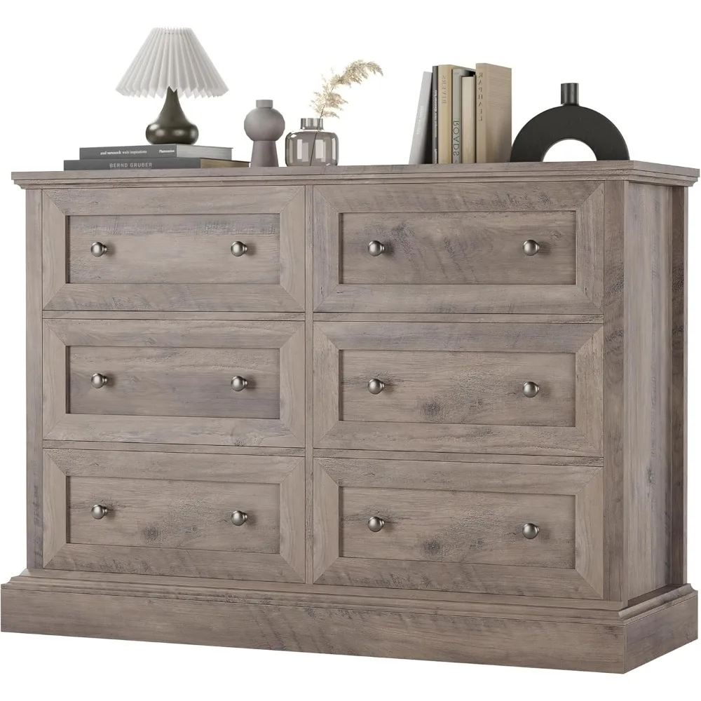 Modern 6 Drawer Double Dresser, Wood Dresser Chest, Wide Chest of Drawers with Deep Drawers & Mental Double Handles