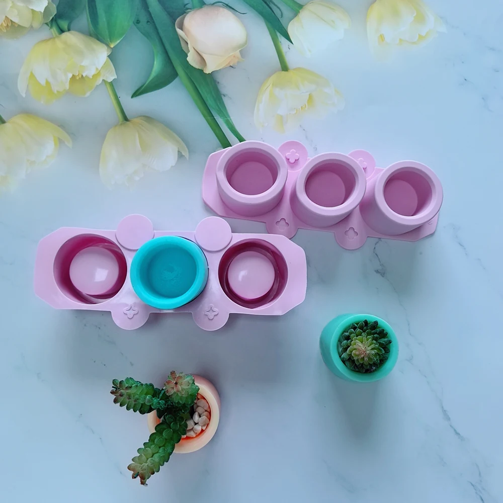 Silicone Mold for Succulent Plant Pots, DIY Craft Candlestick Mini Plant Mould, 3-Cavity Round Pot Silicone Mold for Clay Crafts - view 5