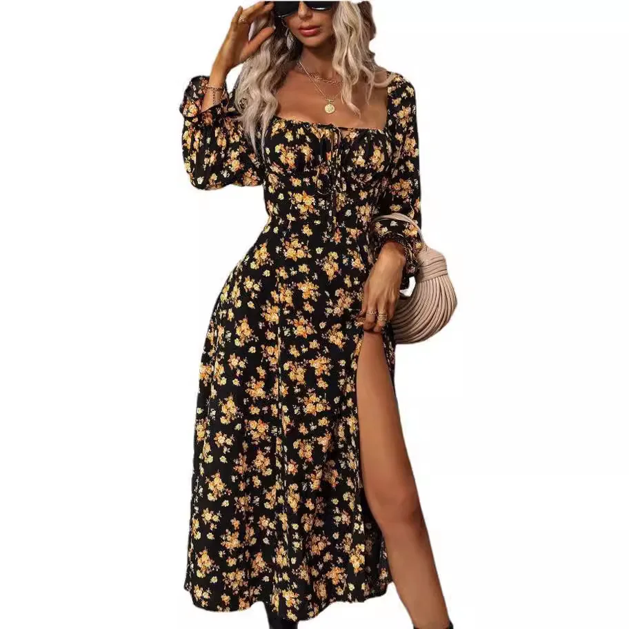

2025 Women Floral Print Summer Boho Beach Long Sleeves Dress Print Elegant Suspenders Square Neck Slit Dress