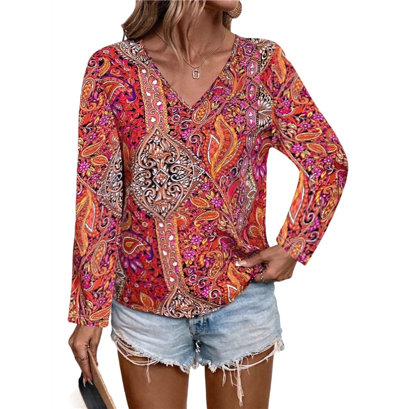 

FX-Women's Bohemian Print V-Neck Long Sleeve Casual Blouses Shirts