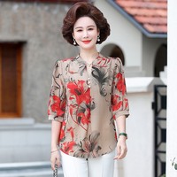 Summer Vintage Broken Flowers Blouse Commute Single-breasted Female Clothing Folk Casual Round Neck Half Sleeve Shirt