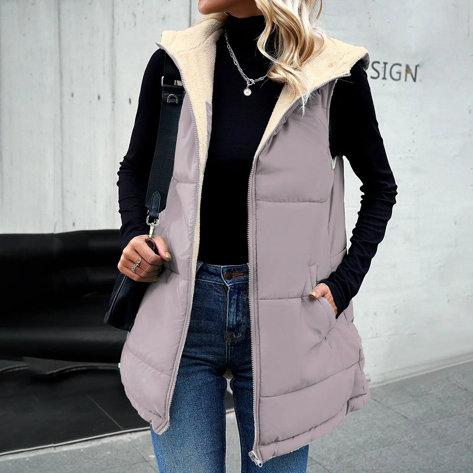 Hochwertige beliebte Baumwoll jacke Frauen lose pendelnde mittellange Kapuze ärmellose Baumwoll jacke Weste Vestido Mäntel