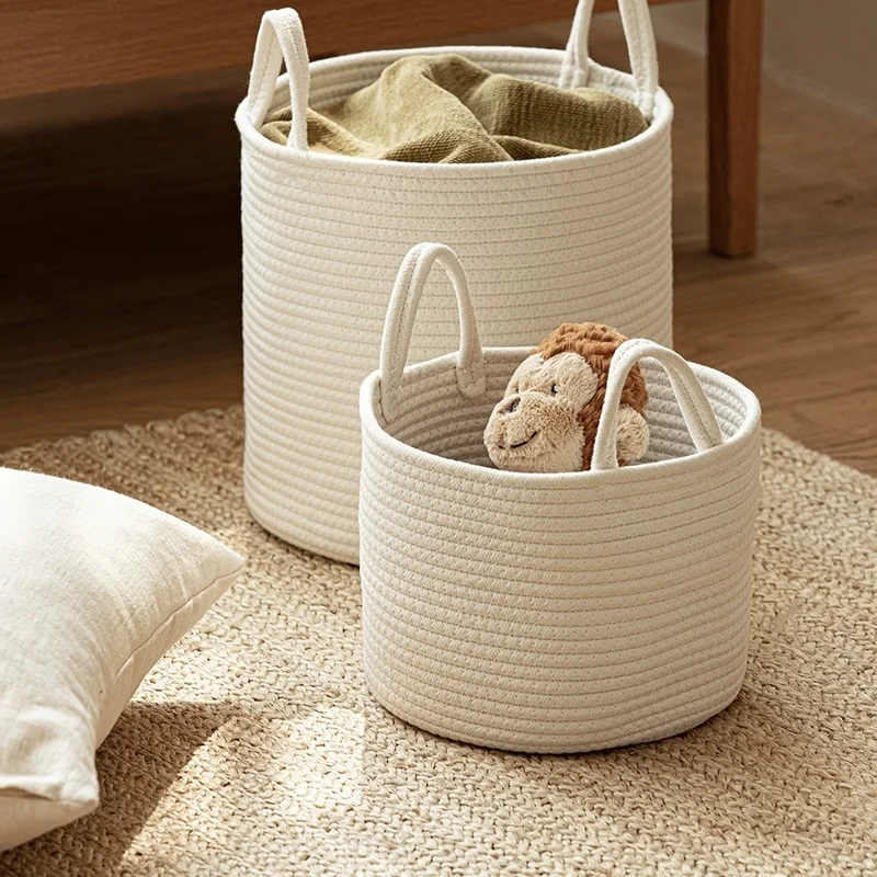 Medium cotton thread dirty clothes basket with handle, clothes storage basket, plush toy storage bucket, storage basket