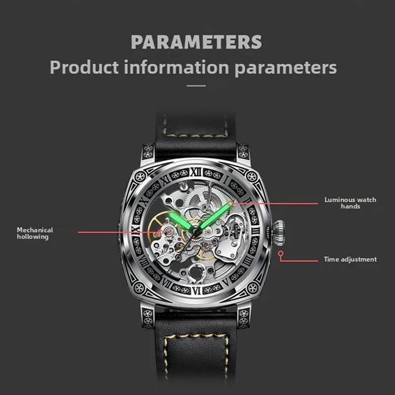 Luxury 2026 Automatic Watch Retro Style Wholesale Mechanical Wristwatches Skeleton Carve Waterproof Leather No Logo Mens Watch