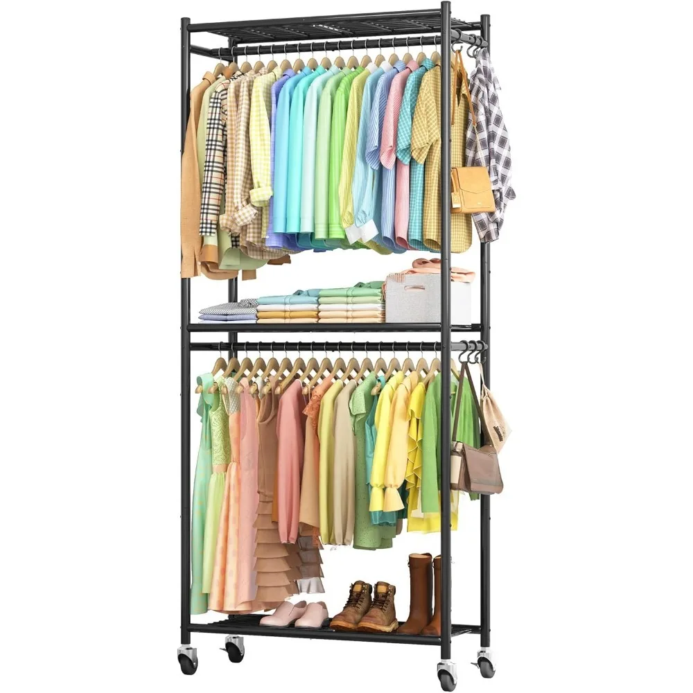 

33.0" x 12.2" x 79.5" Clothing Rack with Shelves & Wheels, Multi-Functional Wardrobe Closet with Hooks, Sturdy Metal