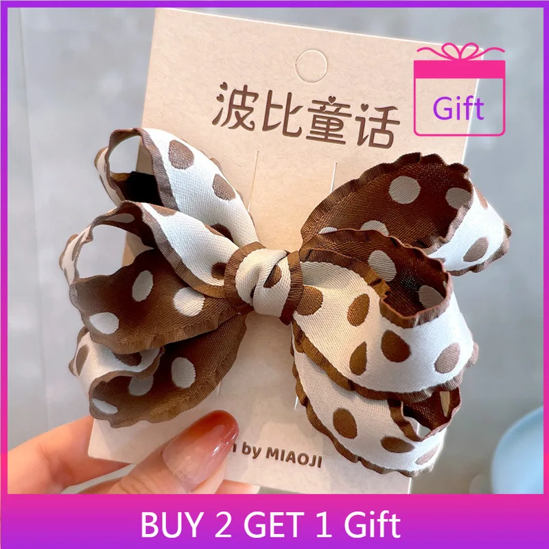 

Korean Hair Clips for Girls 2025 Spring Collection Color Block Polka Dot Bows Fashion Top Clips Cute Kids Hair Accessories