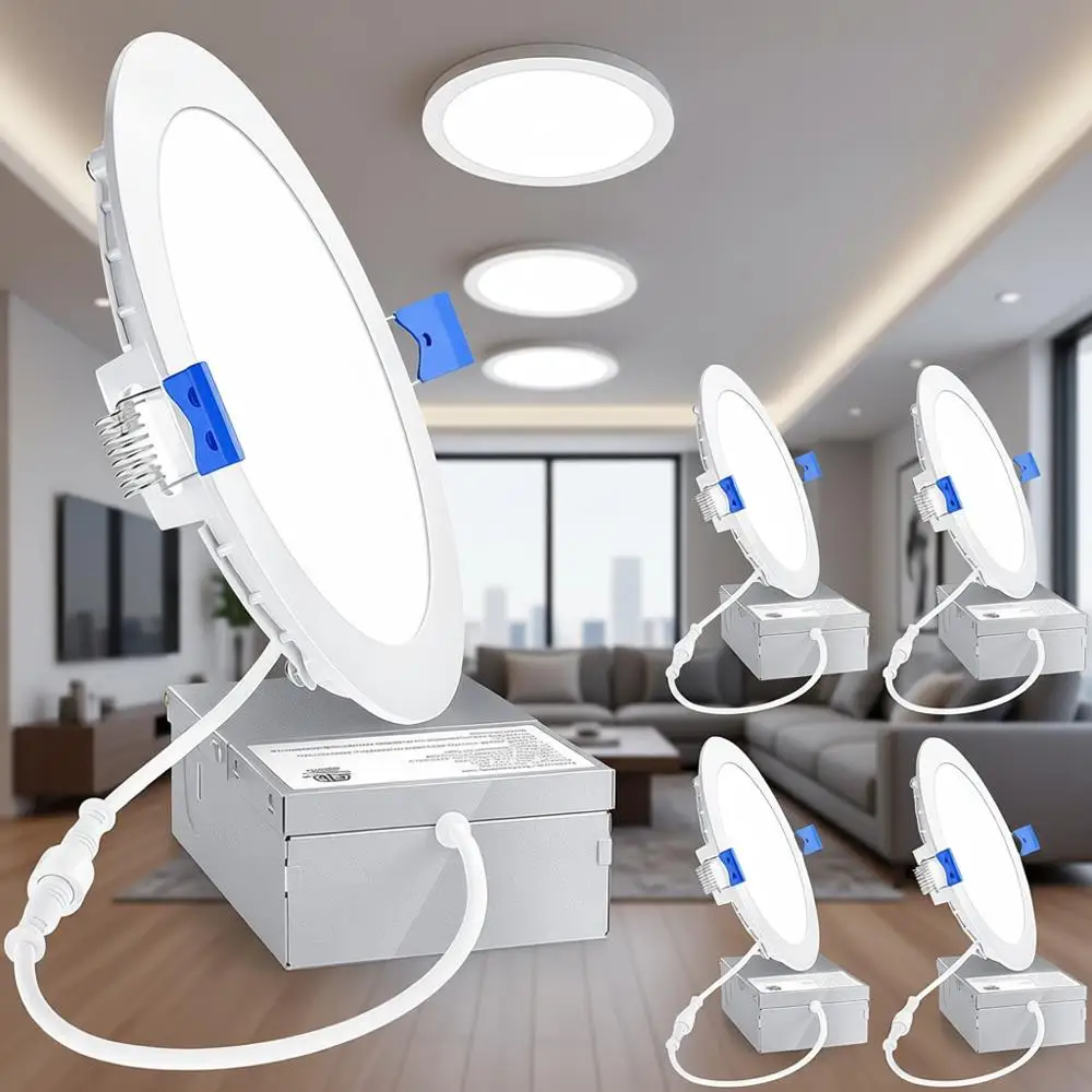 

Комплект из 6 ультратонких встраиваемых светодиодных светильников 6 дюймов, диммируемые, 5000K дневной свет, 1200 лм, 12 Вт, 120 В, 2-контактные, влагозащищенные, для потолка