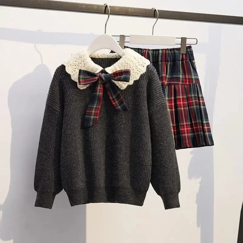 Teenage Girls JK Suit Clothing Winter Children Knitted Lapel Sweater Plaid Pleated Skirt Autumn School Clothes Trend