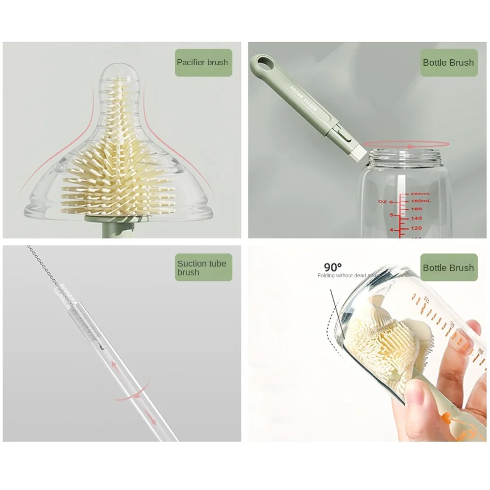 3Pcs/set Durable 360° Rotatable Milk Bottle Brush Set Silicone Handheld Cup Clean Tool Long Handle Nipple Brush Kit