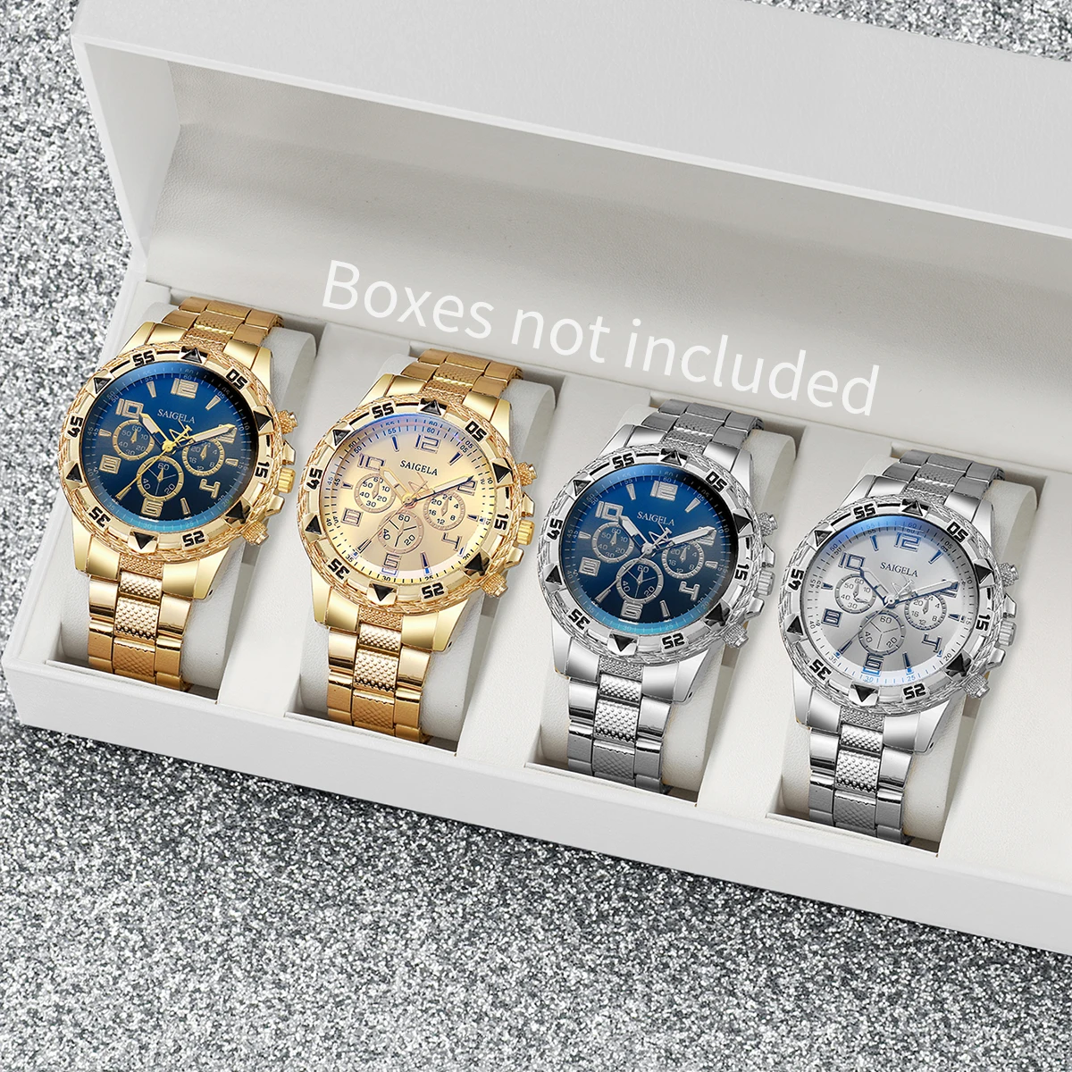 4pcs/set Fashion Men\'s Watches Arabic Dial Steel Band Quartz Watch Set (Without Box)