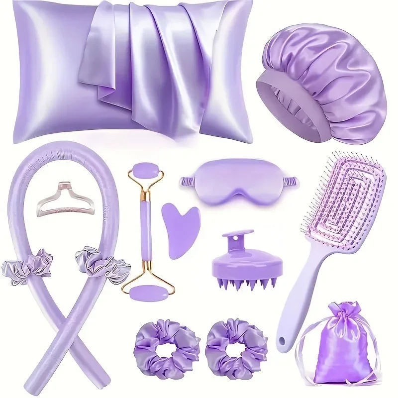 12pcs Sleeping Hair Styling Tool Combination, Including Curling Iron And Facial Massager, 1 Pillowcase for Light Beige Queen Set