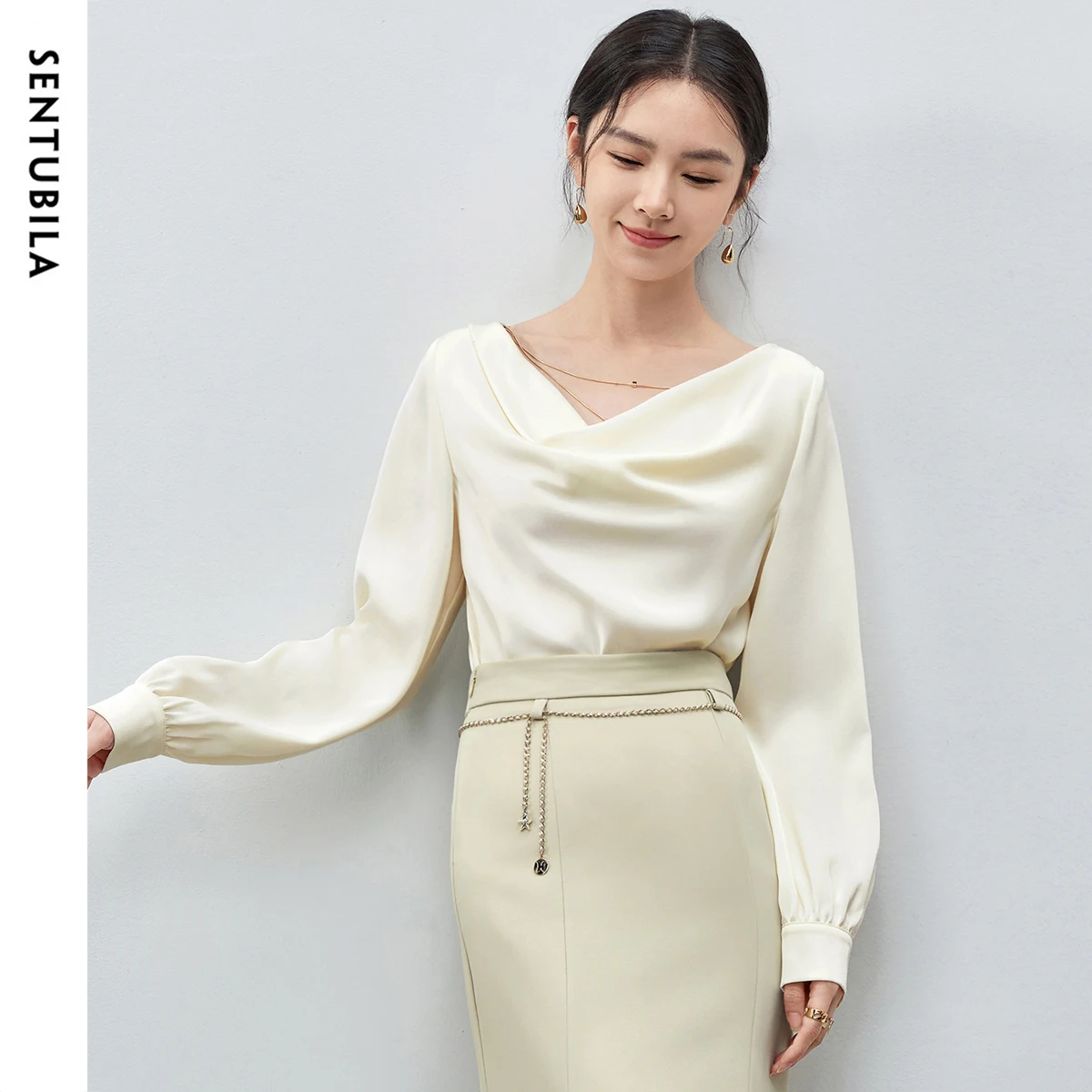 

SENTUBILA Women Swing Collar Satin Blouses 2025 Autumn Fashion Casual Elegant Long Sleeve Tees Luxury Evening Tops 143V55920
