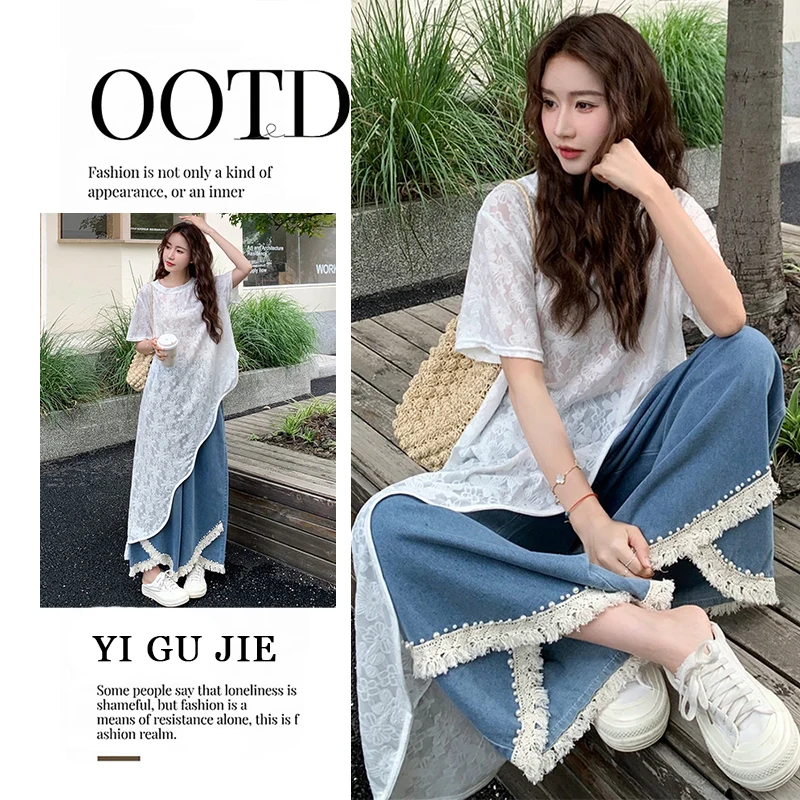 Summer 2025 Embroidered Long Uneven Top And Jeans Two-Piece Set Faionable Casual Wear for Young Women 8-25 Years Old