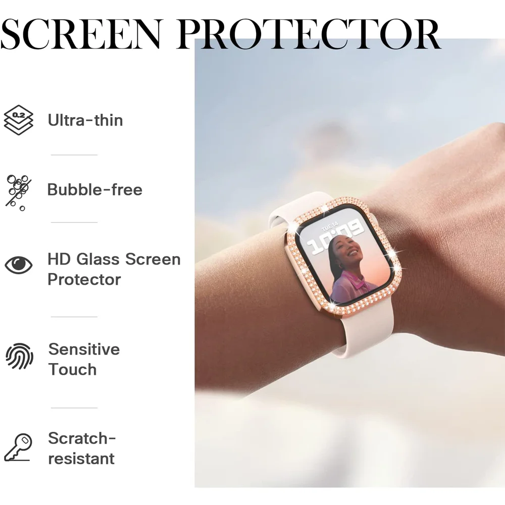 Copertura del diamante per la cassa dell'orologio Apple 45mm 41mm 44mm 40mm 42mm Bling protezione dello schermo del paraurti vetro iWatch serie 9 8 7 3 4 5 6 se