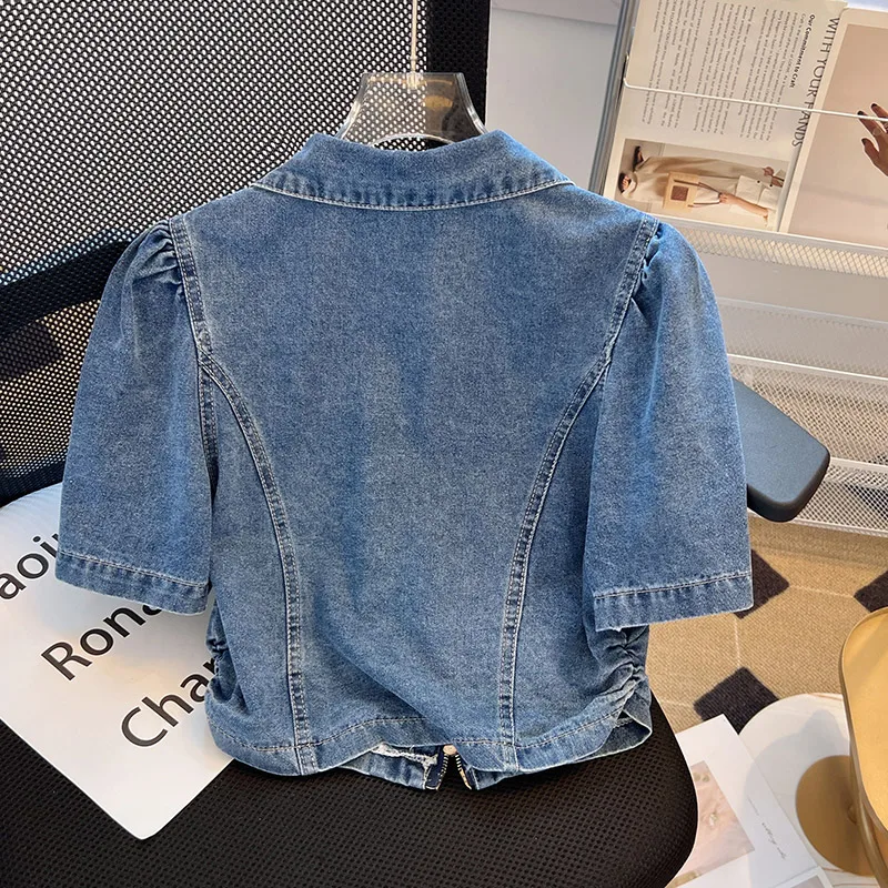 Kurzarm-Jeans jacke für Frauen Sommer dünne Mode Reiß verschluss Turndown Kragen Freizeit hemd 2024 neue Puff ärmel lose Jacke