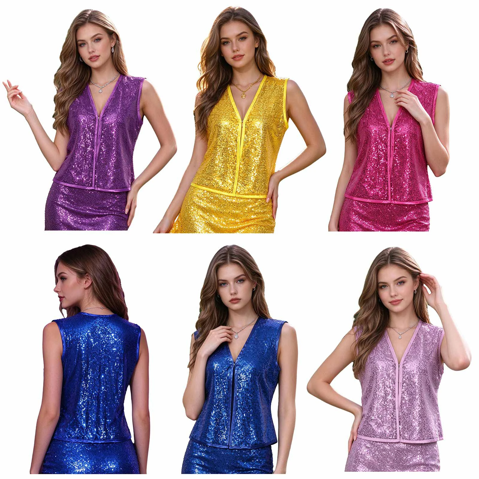 Women Sparkly Sequin Vest Tops V-neck Sleeveless Top for Stage Performance Dance Party Club Concert Music Festival