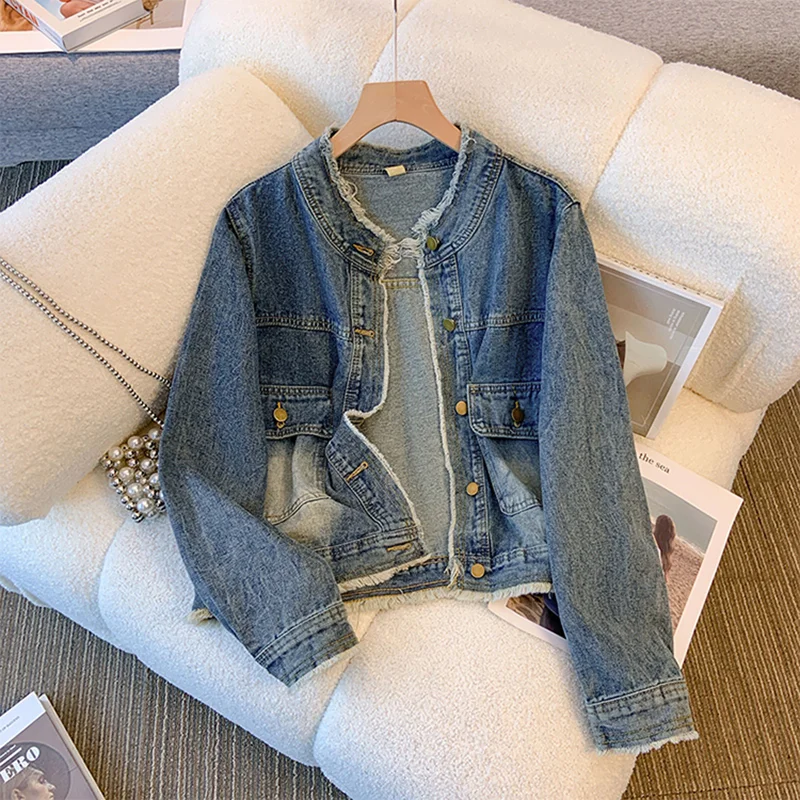 

Vintage Denim Jacket Women Spring Fall Loose Single-Breasted Burlap V-Neck Pocket Outwear High Street Fashion Casual Female Top