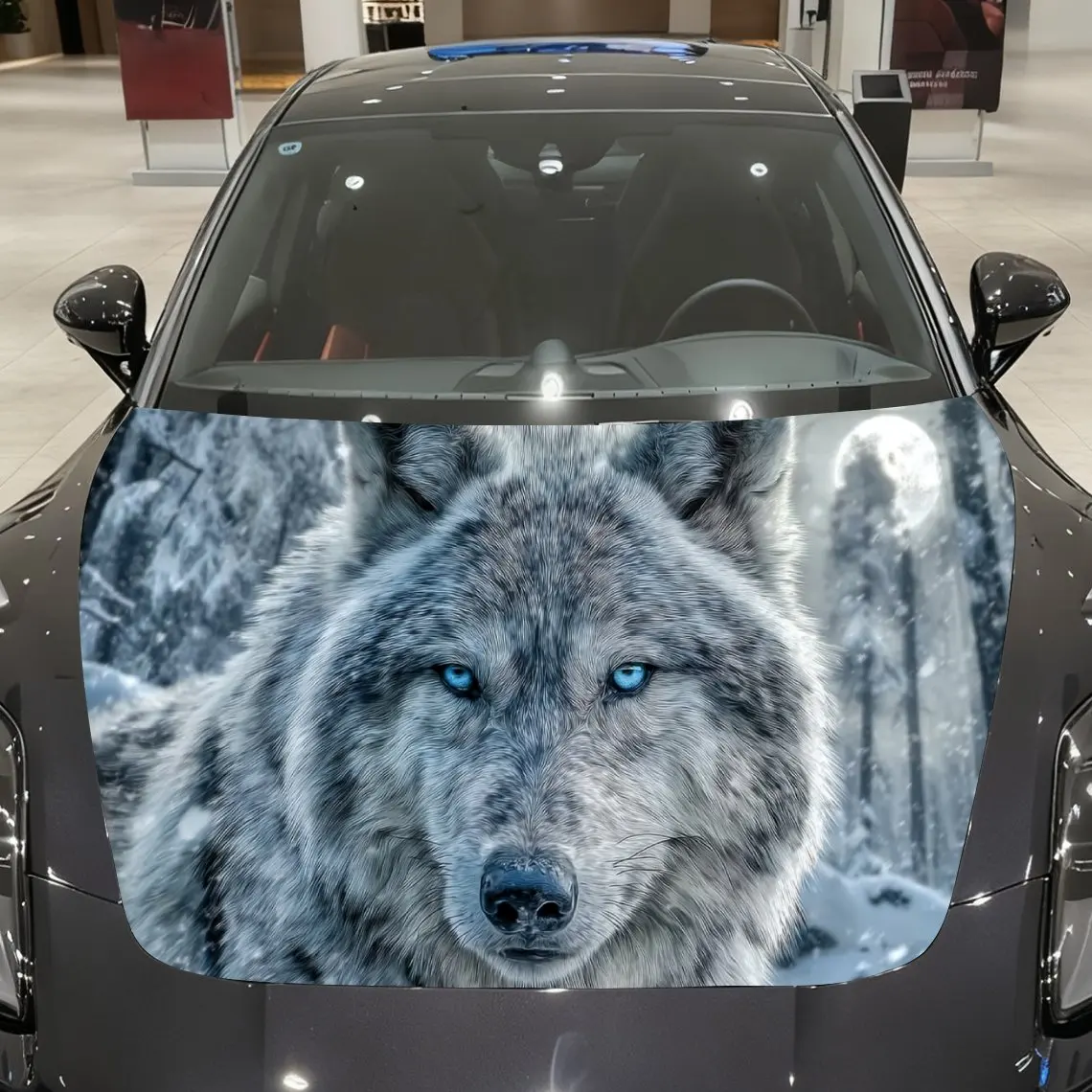 

Snowy Realm Ice Wolf Reflects Moonlit Forest Car Vinyl Wrap, PVC Material Waterproof Car Hood Sticker, Self-Adhesive Scratch-Res