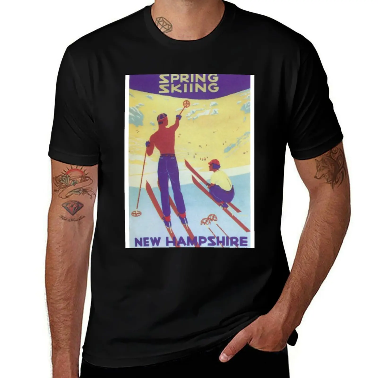 Spring Skiing in New Hampshire Vintage Ski Travel Poster T-Shirt Plus Size Simple Casual Top T-Shirt
