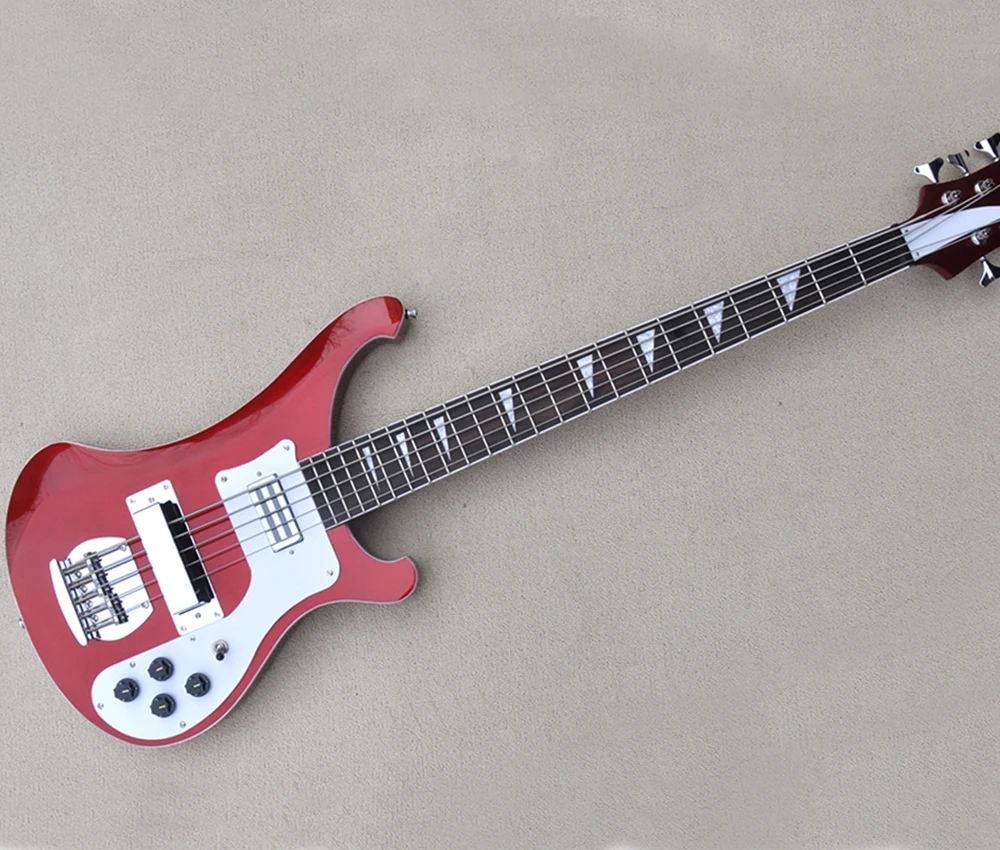 

5 Strings Metallic Red Electric Bass Guitar with 22 Frets,White Pickguard,Rosewood Fretboard