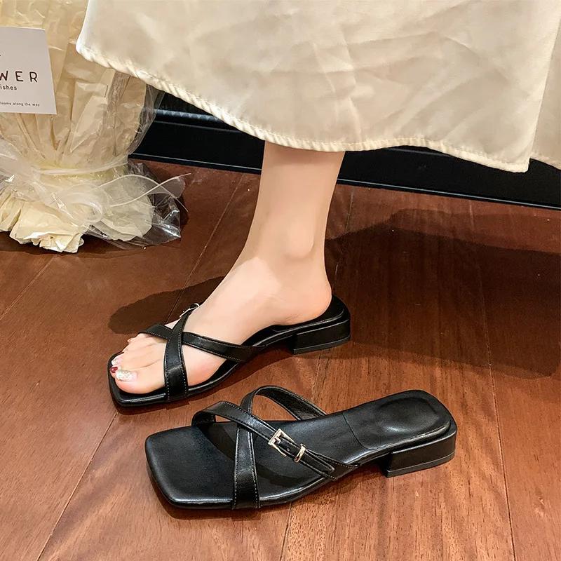 Fashion Versatile Women's Sandals Minimal Peep Toe Cross Belt Low Heeled Shoes Casual Daily Commute Ladies Slippers