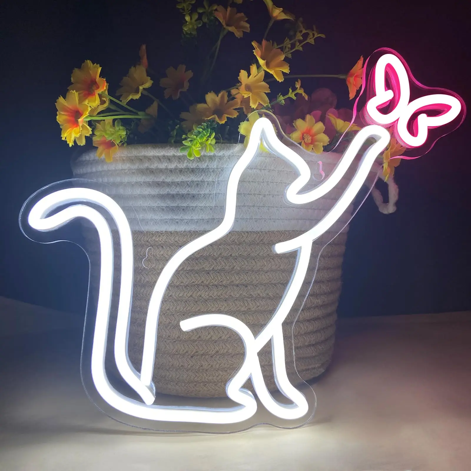 Animal Wall Art Neon Light Sign for Cat Butterfly LED Neon Sign for Wall Decor, Bedroom Living Room Children Kids Girls Gift