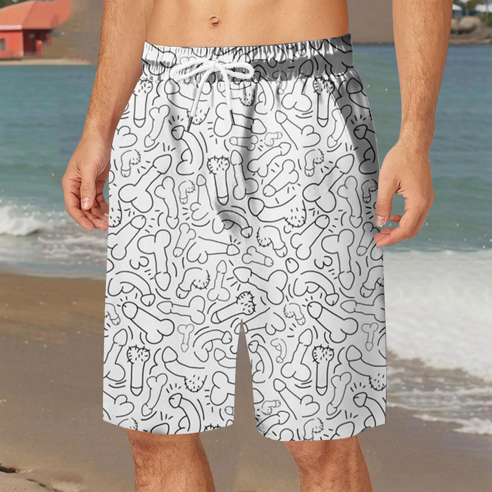 Funny Board Shorts Men Black White Lines Casual Beach Shorts Briefs Quick Dry Swimming Beach Trunks Men\'S 5 Inch Swimsuit