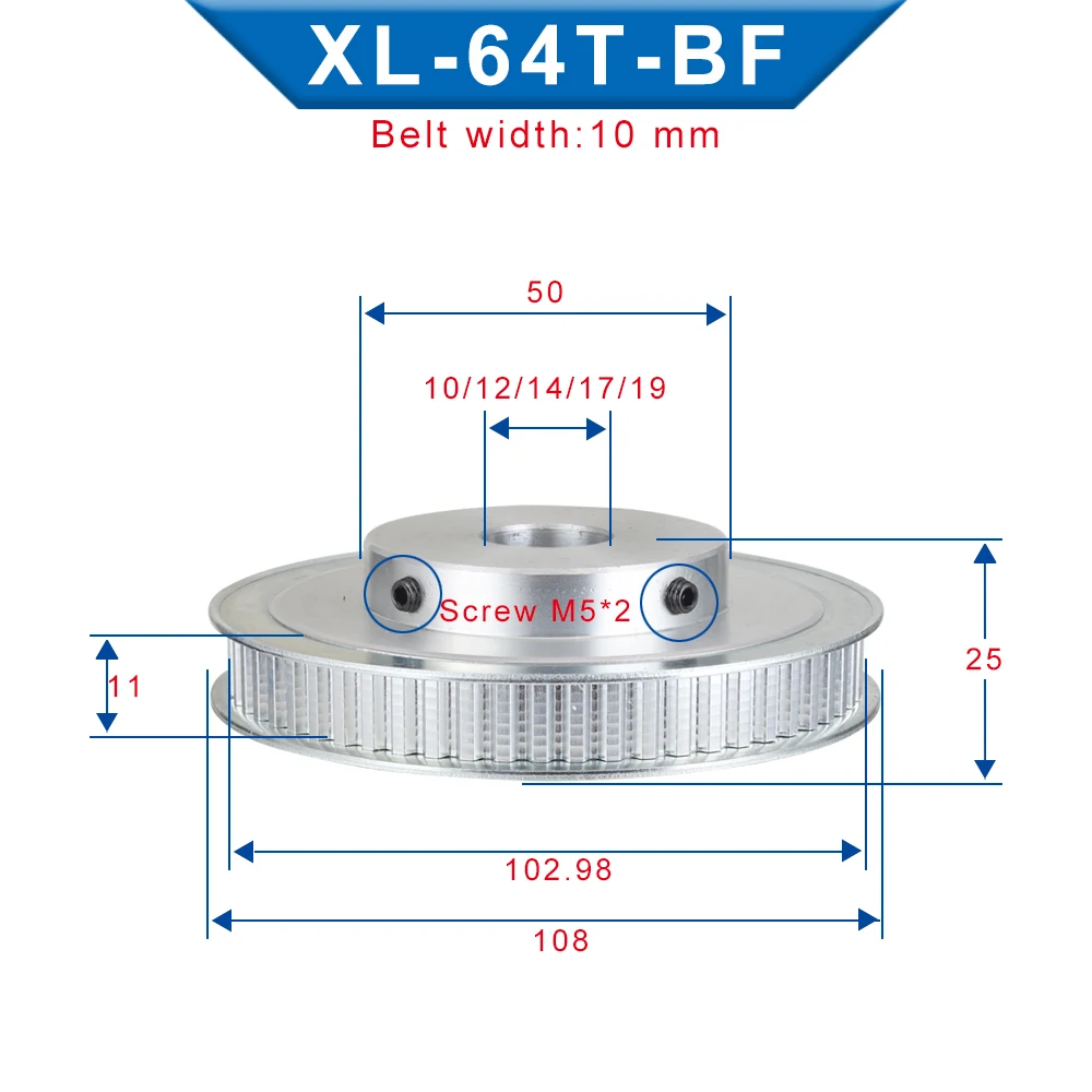 XL 64T Pulley Wheel Teeth Pitch 5.08 mm Bore Size 10/12/14/17/19 mm Alloy Pulley Belt Width 10 mm For Transmission Accessories