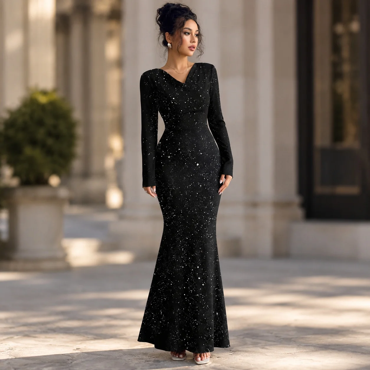 One Dress Long Sleeve Mid Waist Office Style with Slim Fit Maxi Length Mermaid Silhouette Pullover Minimalist Autumn for Women