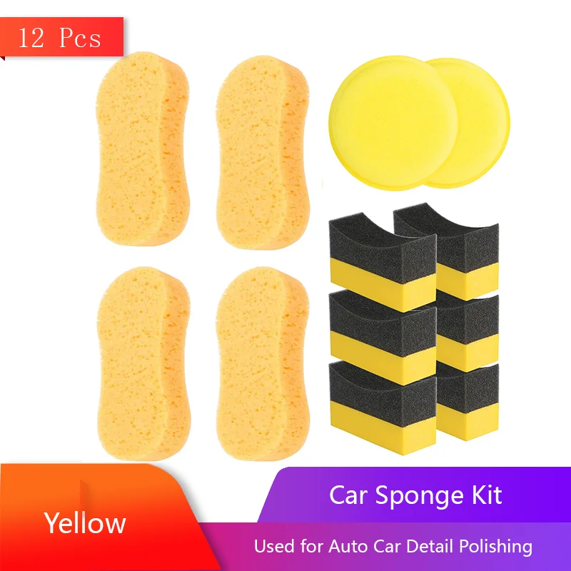 12 Pcs Car Sponge Kit with Car Tyre Dressing Applicator Car Wax Applicator Pads for Car Cleaning Window Washing Yellow Black