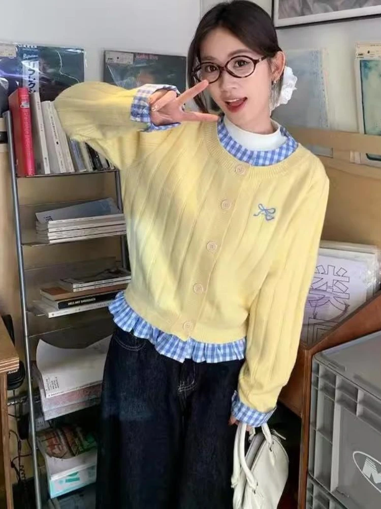 

Женские новые осенне-зимние свитера, милый свежий корейский стиль, контрастный цвет, двухсекционный вязаный кардиган премиум-класса с вышивкой бабочки