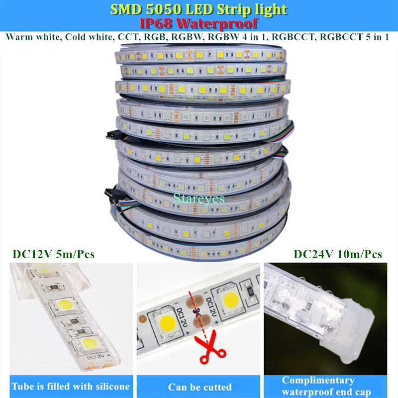 IP68 Waterproof SMD 5050 LED Strip 60 LED/m DC12V 5m DC24V 10m Warm white CCT RGB RGBW 4 in 1 RGBCCT 5 in 1 LED Rope Ribbon Belt