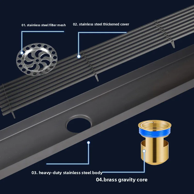 Gunmetal Gray Long Bar Bathroom 304 Stainless Steel Anti-Odor Floor Drain Pure Copper Core Universal Deep Water Seal