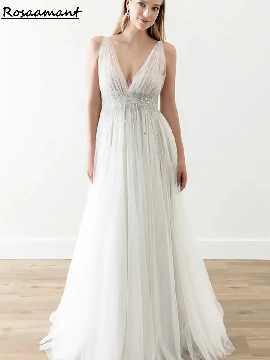 

Glitter Beading Crystal Backless A-Line Wedding Dress Illusion V-Neck Sleeveless Pleat Bridal Gowns