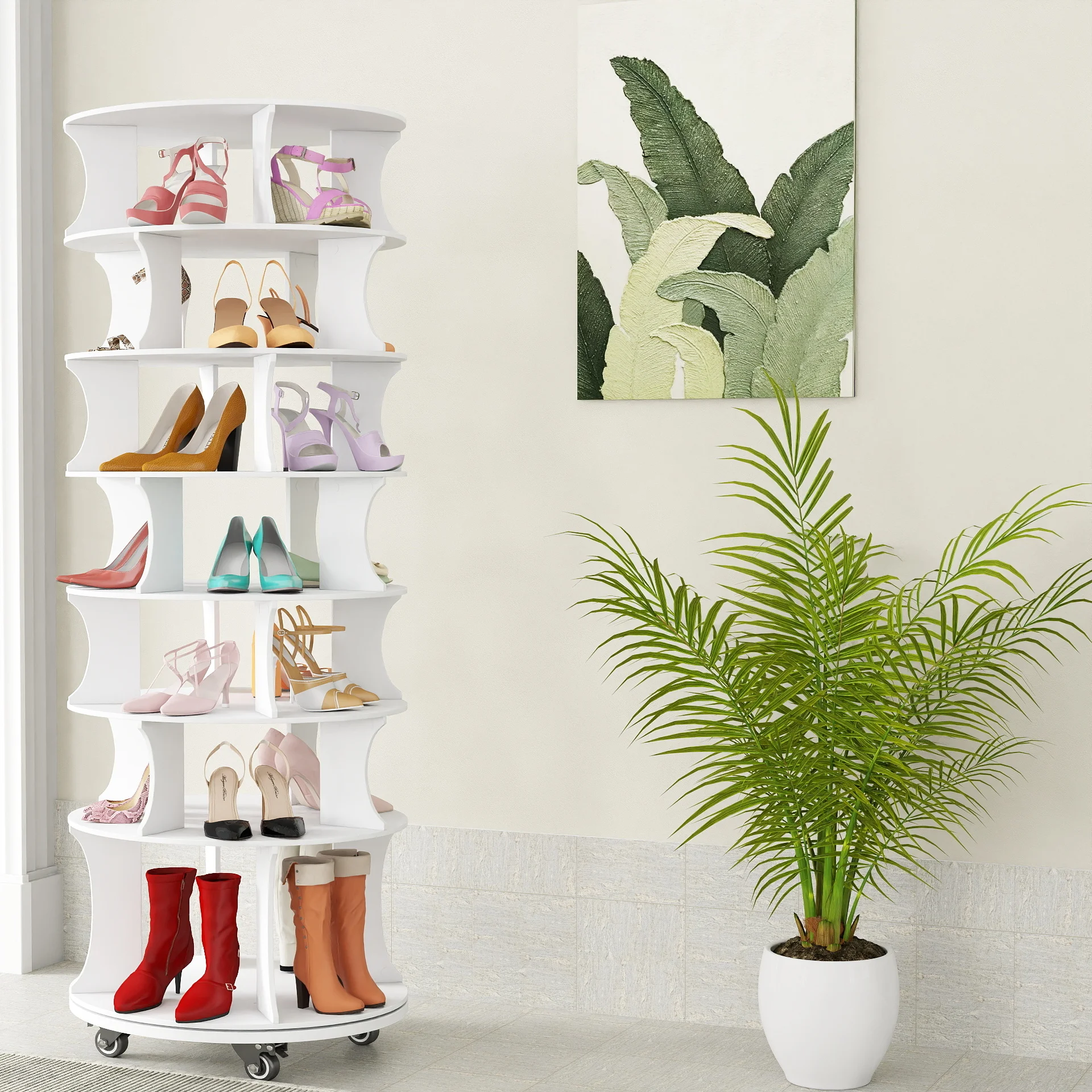 

7-уровневая вращающаяся башня для обуви, отдельно стоящая на 360° ° Вращающаяся стойка со стальными стержнями, отдельно стоящая круглая полка для обуви, Lazy Susan Sho