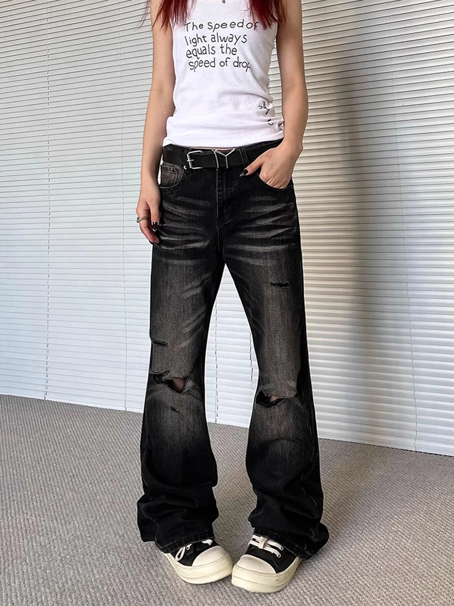 ReddaChic Women Brushed Black Torn Flare Jeans Cleanfit Whiskers Wide Leg Bell Bottoms Ripped Holes Bootcut Pants Acubi Fashion