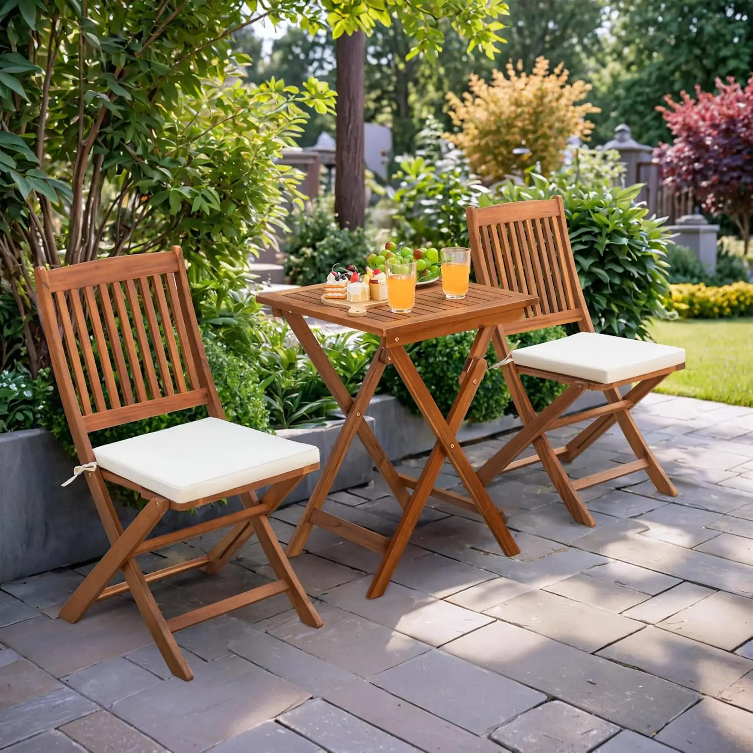 3 Stück Terrasse Klapp möbel Bistro Set mit 2 Kissen für Pool Strand Hinterhof Balkon Veranda Deck Garten, Akazien holz