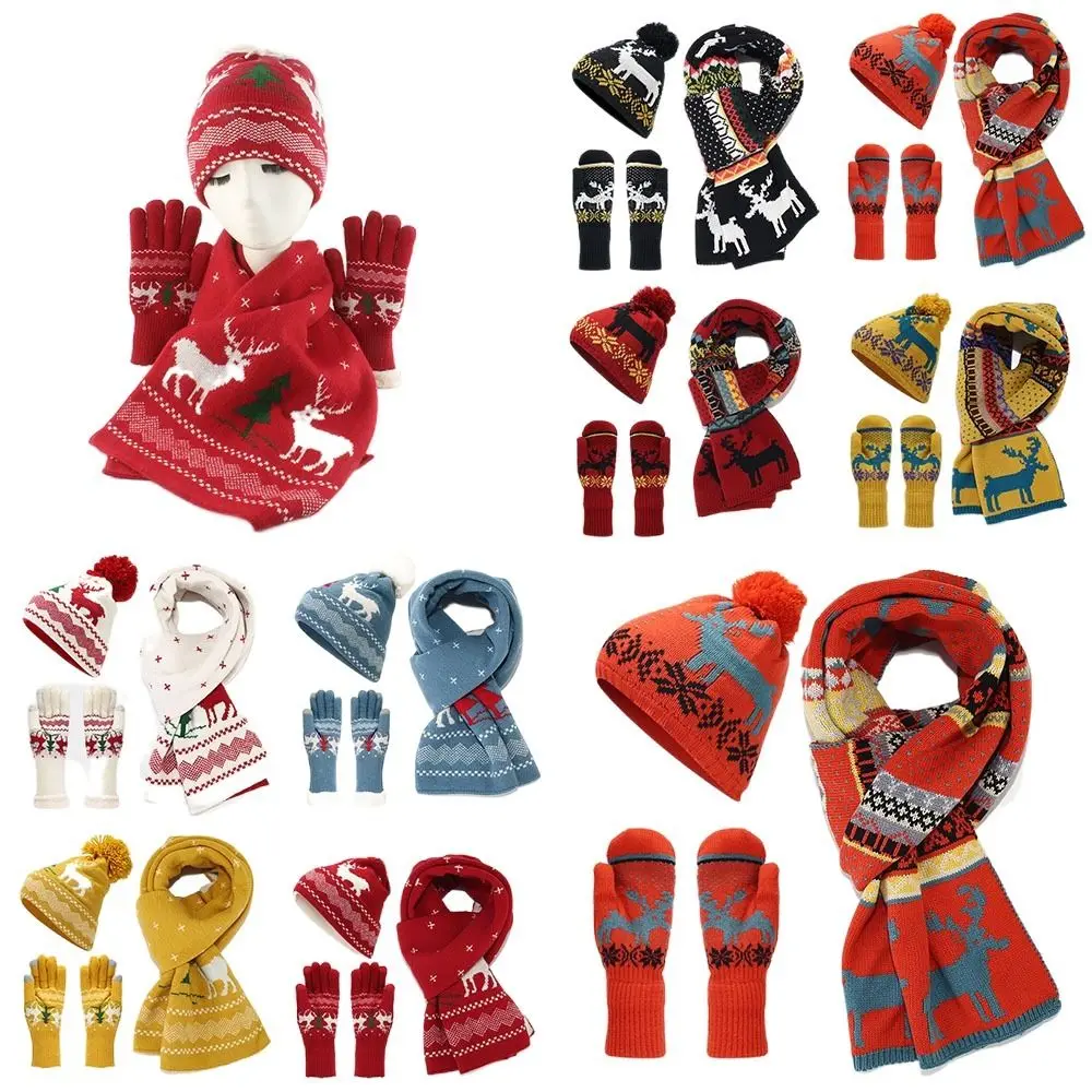 Knitted Christmas Hat Scarf Gloves Set Winter Warm Cold Protection Christmas Elk Beanie Cap Christmas Touch Screen Gloves