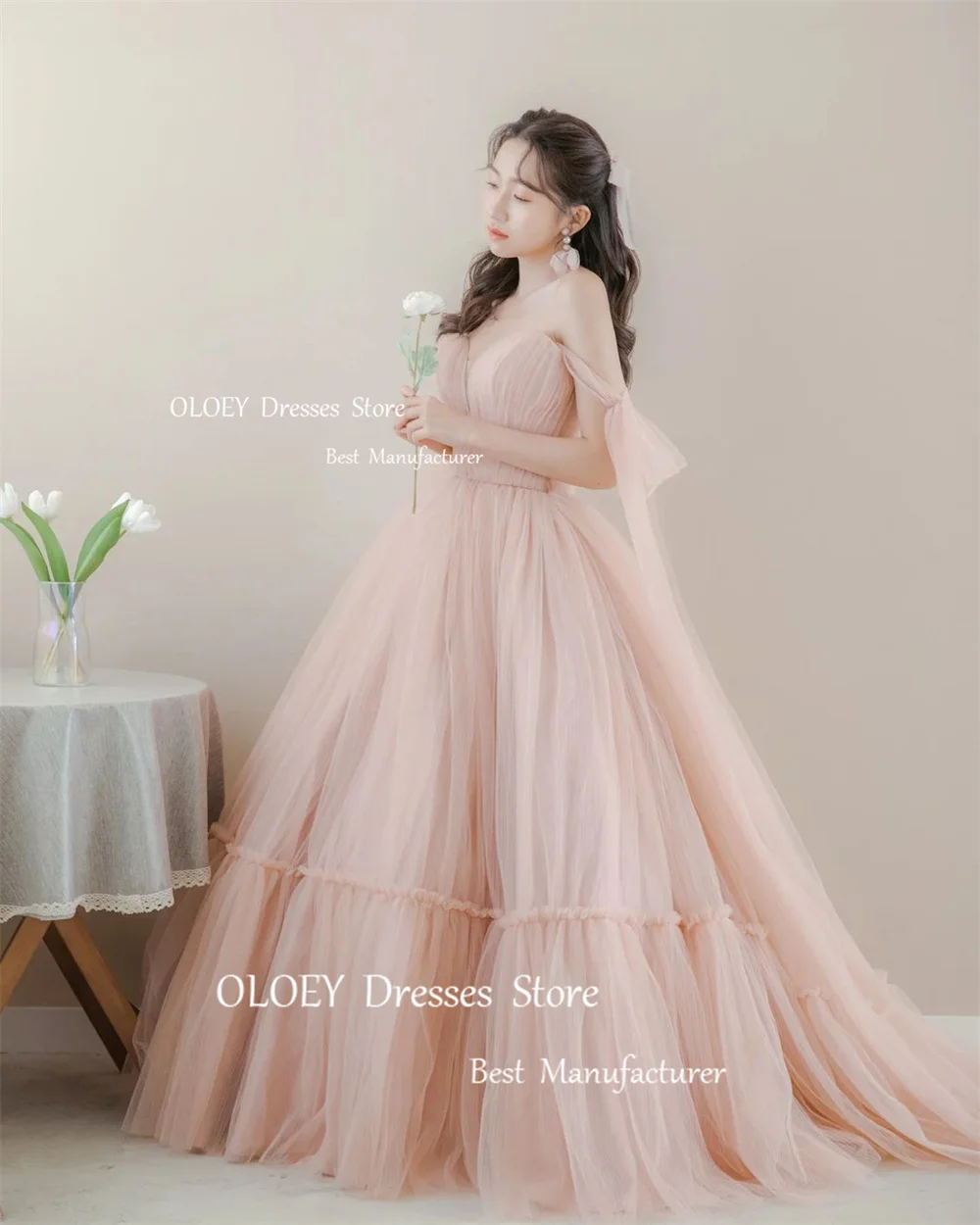 OLOEY Elegant Sweetheart Prom Dresses Korea Japan Wedding Photoshoot Silky Tulle Evening Dresses Floor Length Sweep Train Corset