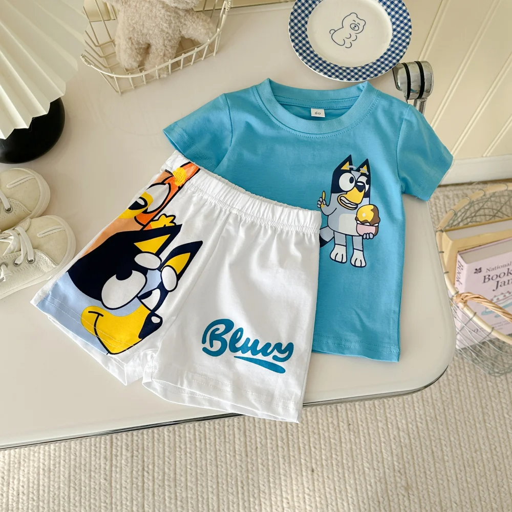 Miniso Bluey 2025 Summer New in Kids Baby Boys Cartoon Print Top T-shirts+shors ,toddler Children Fashion Clothing Set 2pcs