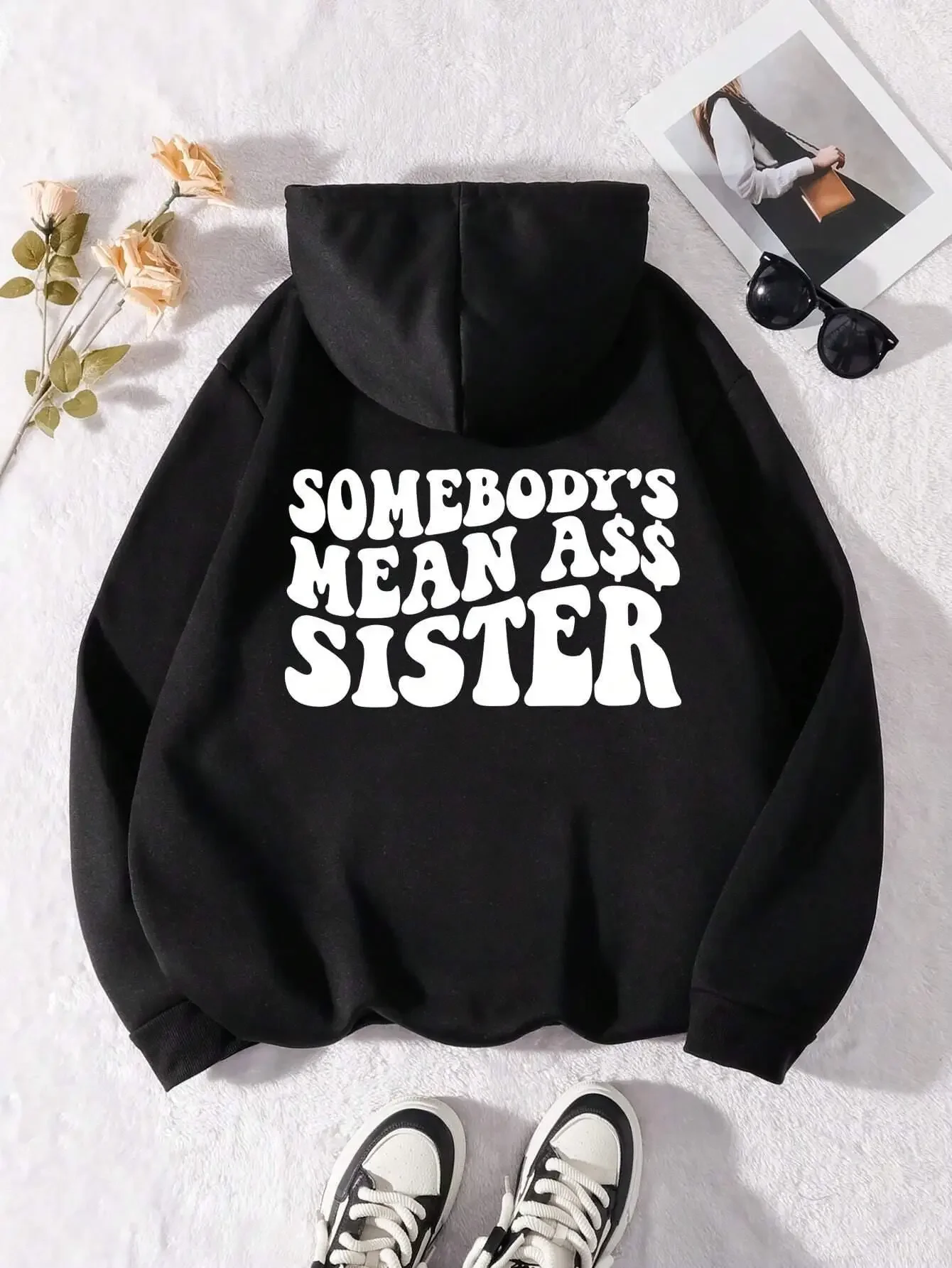 Somebody's Mean Ass Sister Letter Printed Hoodies Casual Women Sweatshirts Fleece Pullover Crewneck Loose Female Tops Clothes